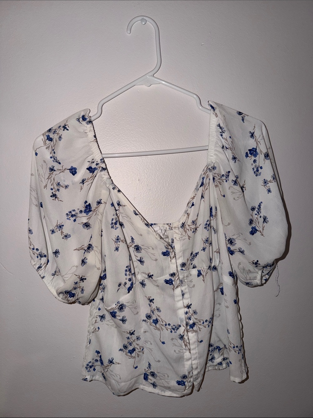 Sienna Sky White Puff-Sleeve Blouse with Blue Floral Print